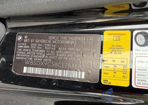 2012 BMW M3 z USA, uszkodzony, nr VIN WBSDX9C58CE784680